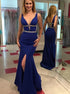 Royal Blue Deep V Neck Beading Slit Prom Dress LBQ0103